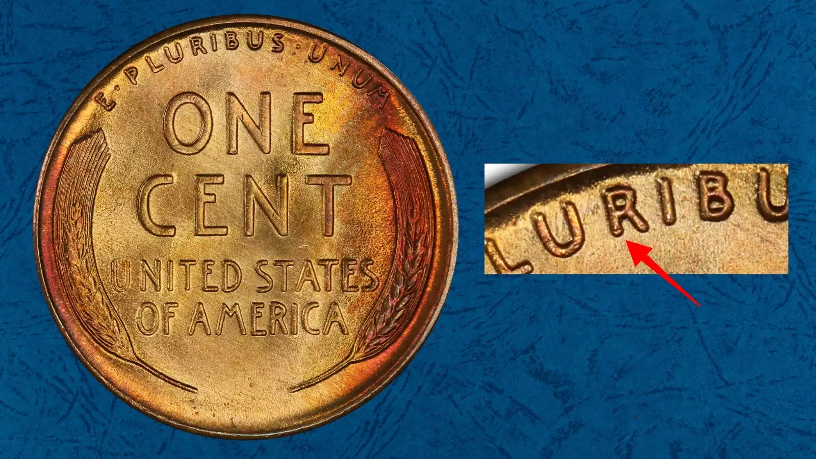 1935 wheat penny doubled die reverse DDR WDDR-001 showing doubling on E PLURIBUS UNUM and wheat stalks