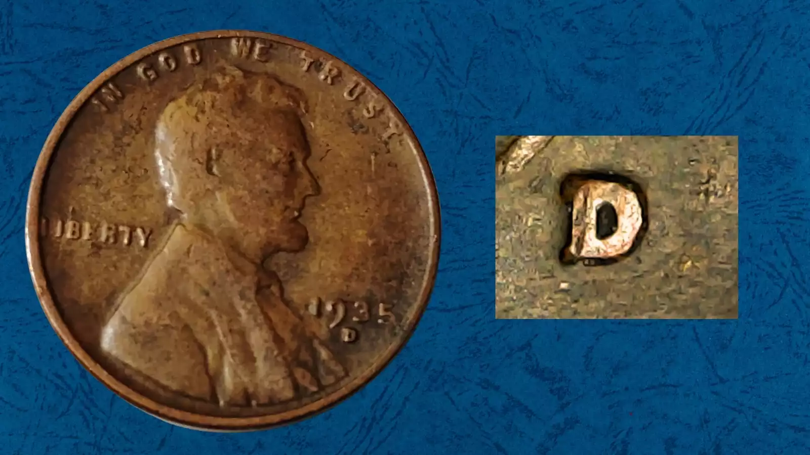 1935-D wheat penny repunched mint mark RPM error showing doubled D mint mark below the date