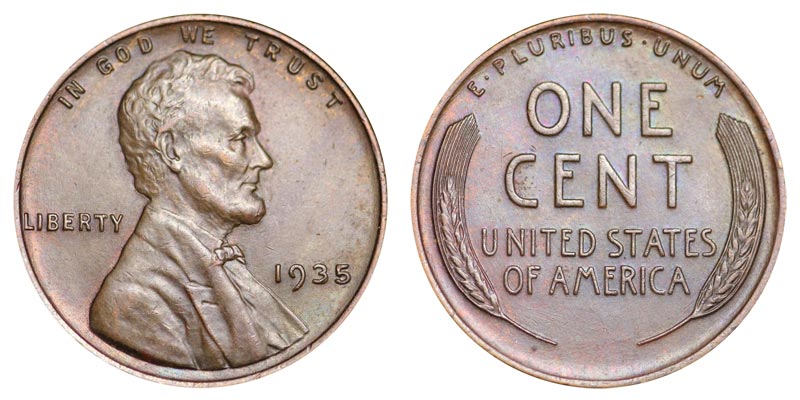 1935 wheat penny mintage comparison showing Philadelphia, Denver, and San Francisco issues side by side
