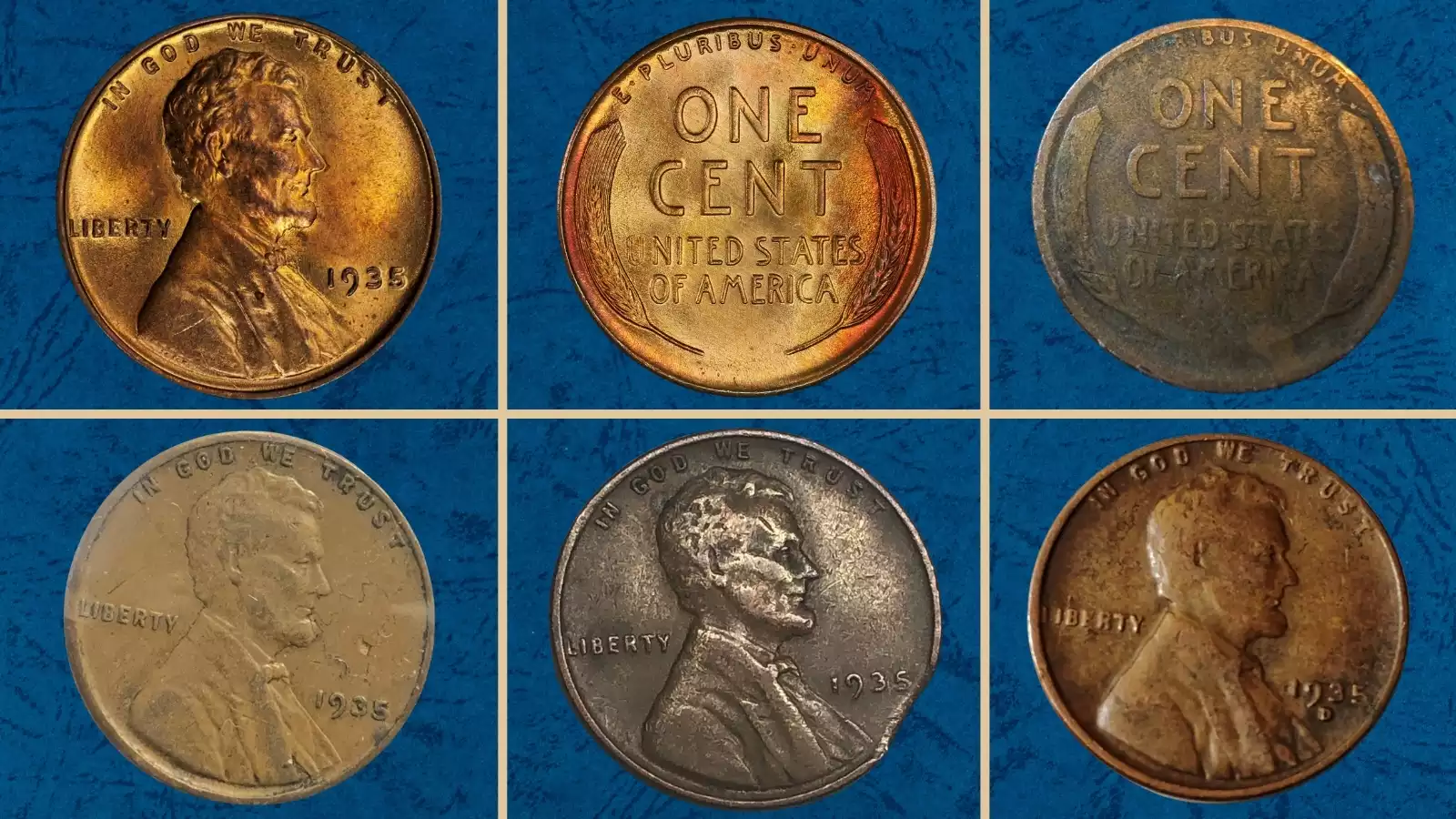 1935 wheat penny grading strip showing four condition levels from worn Good to Gem Uncirculated MS65 Red